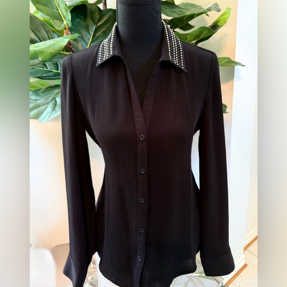 Career Multi Colored Metal Stud Embellished Black Collar Button Down Shirt Blous - Picture 6 of 8